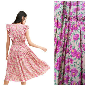 Moon River Floral Ruffled Tiered Below Knee Flowy Dress Size Large